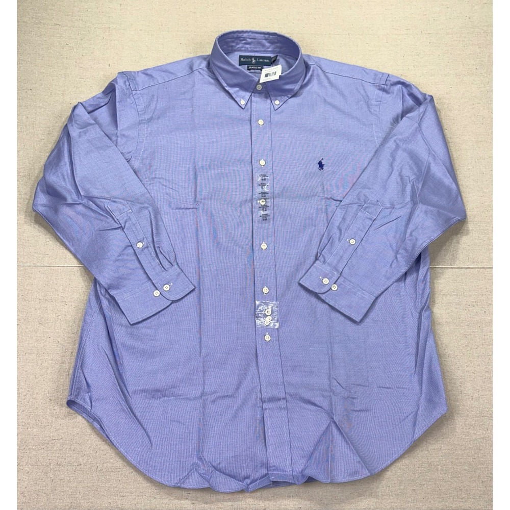 Ralph Lauren Oxford Dress Shirt Mens 17.5 32/33 Blue White Micro Check NWTs